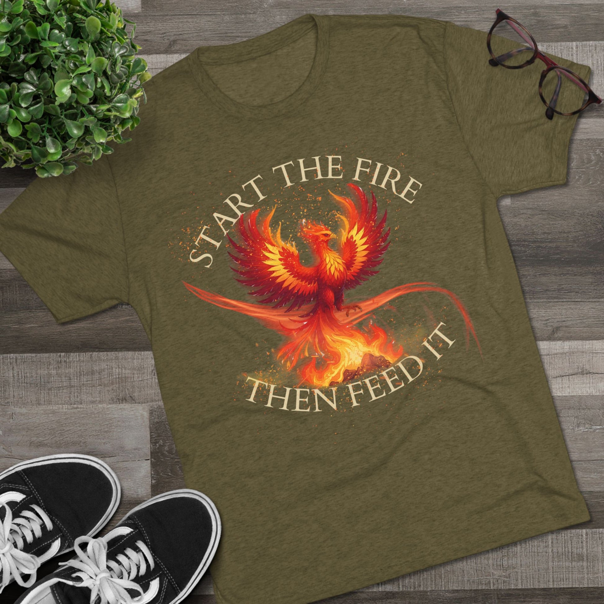Start the Fire Then Feed It Phoenix Fire Unisex Tshirt Crew Printed Tee Shirt – Start the Fire Tee, Trendy Graphic Tee, Gift for Dreamers, Fire Symbol T-Shirt, Casual Wear