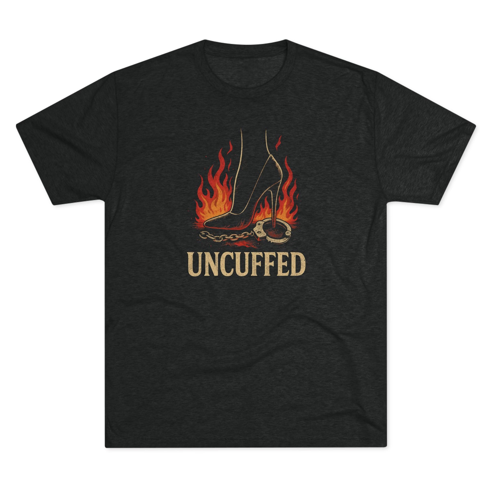 Uncuffed Flaming Heels Unisex Tee Printed Tee Shirt Empowerment Shirt, Gift for Her, Sassy T-Shirt, Statement Fashion, Unique Graphic Tee