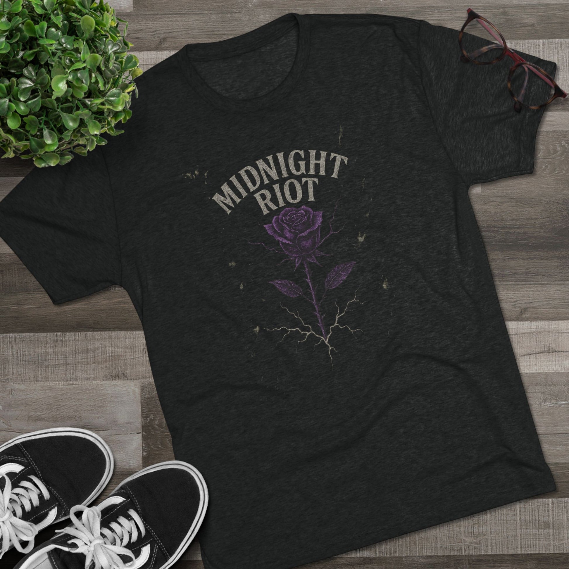 Midnight Riot Unisex Crew Tee, Casual Graphic Shirt, Music Festival Top, Gothic Style T-Shirt, Gift for Alternative Fashion