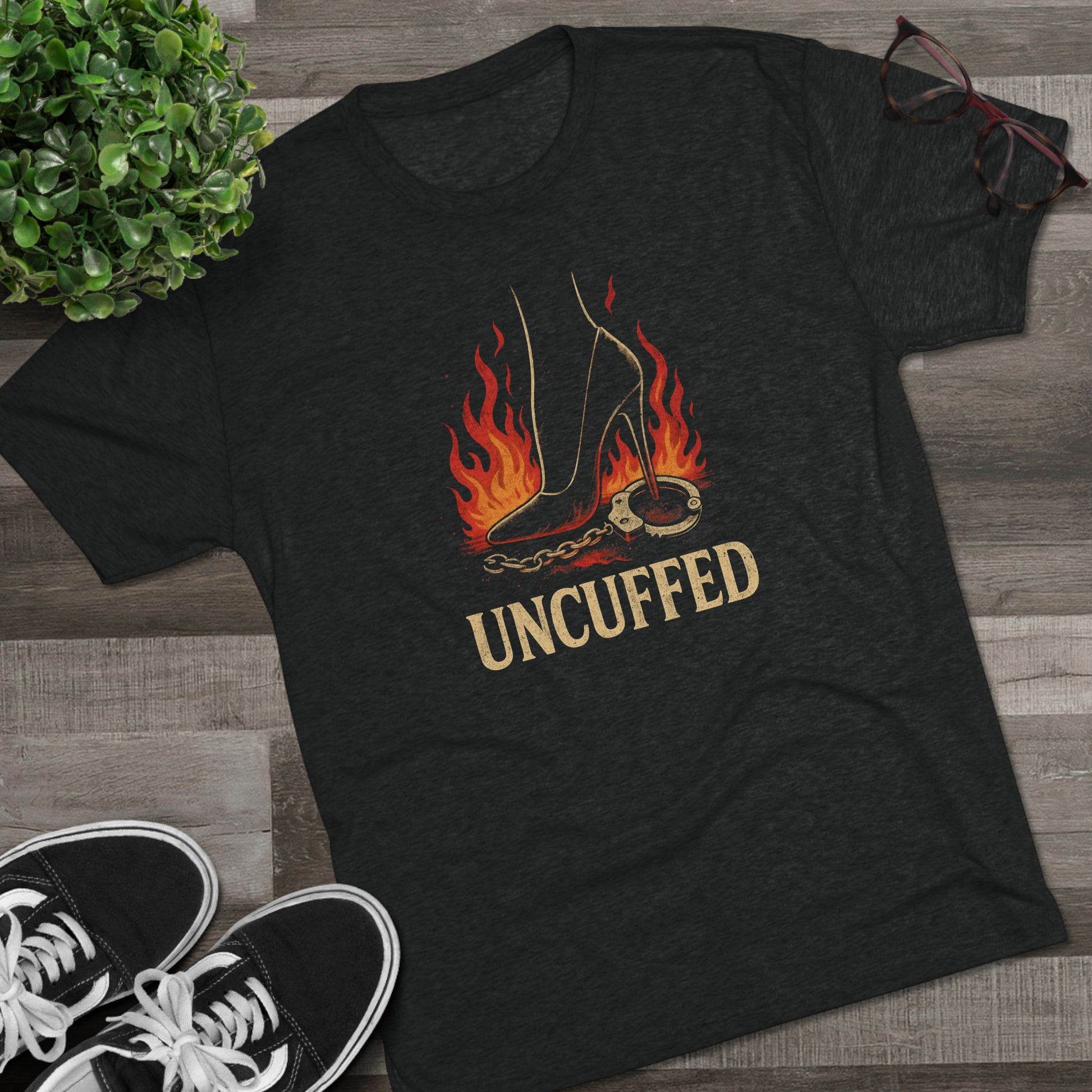 Uncuffed Flaming Heels Unisex Tee Printed Tee Shirt Empowerment Shirt, Gift for Her, Sassy T-Shirt, Statement Fashion, Unique Graphic Tee