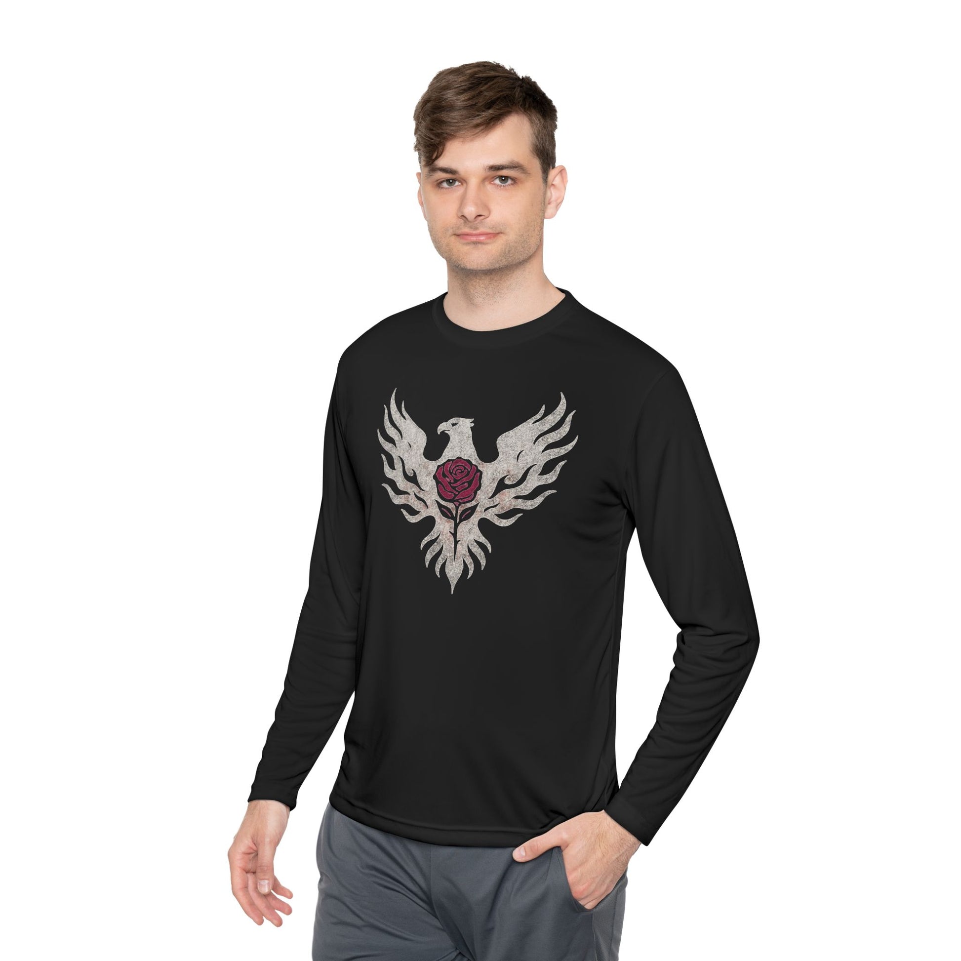 Break Free Empire Phoenix Rose Long Sleeve Tee – Unisex Lightweight Athletic Fit Shirt, Moisture-Wicking, Distressed Grunge Graphic Topl