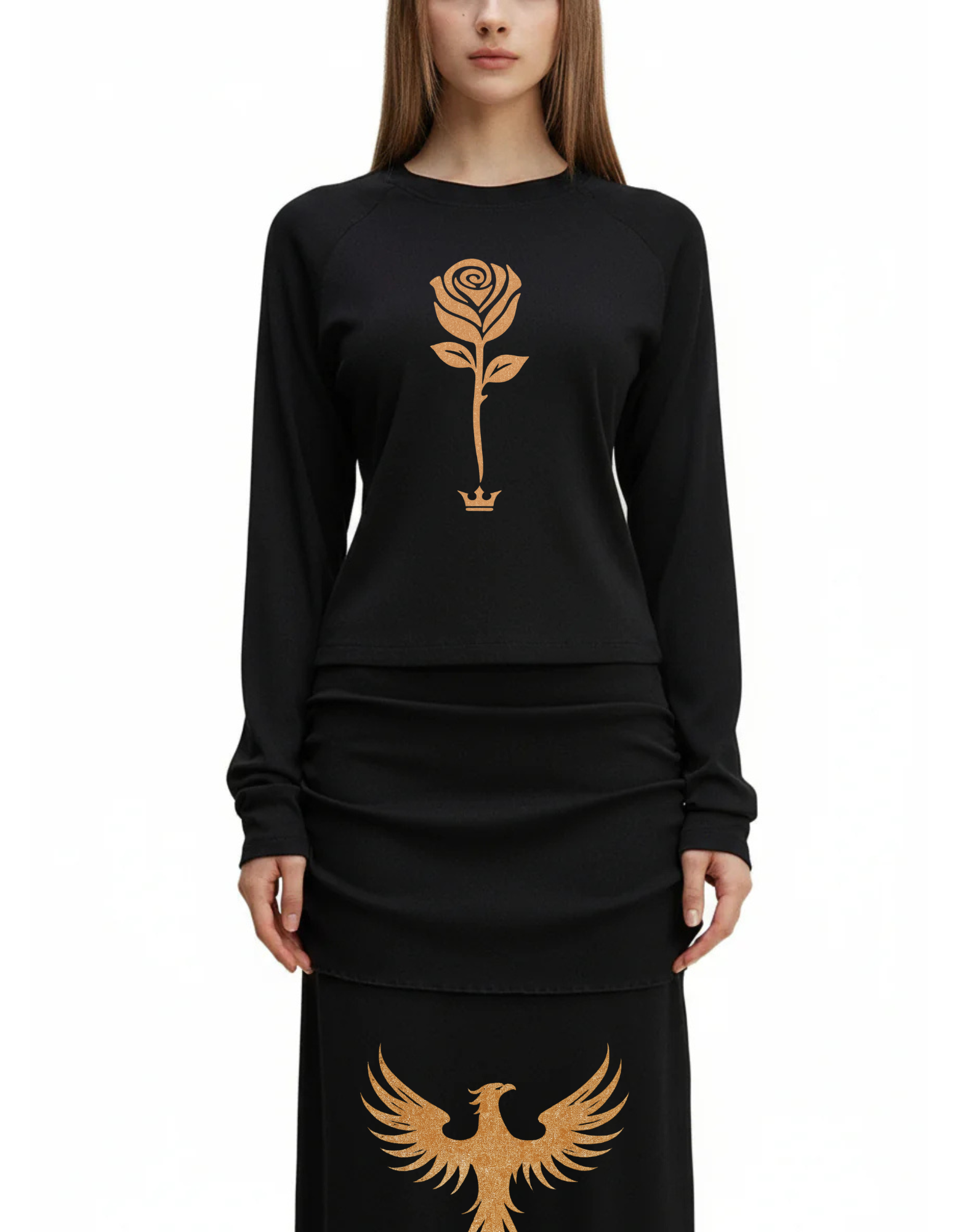 Break Free Empire Phoenix Rising from Crown Dyed Washed Raglan Long Sleeve Slim T-Shirt| Phoenix Collection